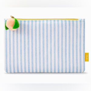 NWT | IPSY | Blue/White Striped Canvas Peach-Shaped Pom-Pom Makeup/Cosmetic Bag